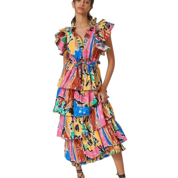 Love The Label Dresses & Skirts - Love The Label Mix-Print Tiered Ruffle Midi Dress Size Large Multicolor Cotton